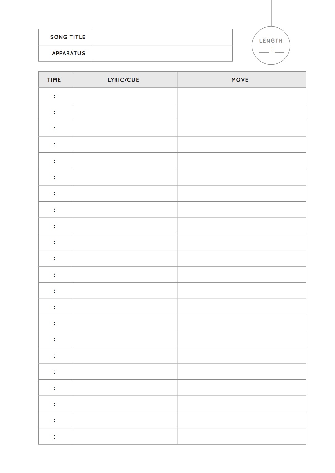 Worksheet for aerialist performance routines